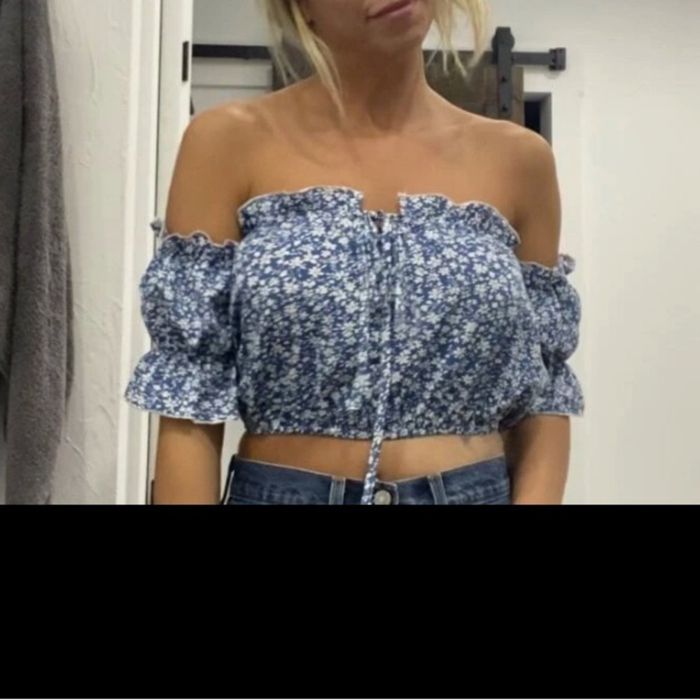 SHEIN VCAY Ditsy Floral Print Off Shoulder Frill Trim Tie Front Crop Blouse L - Picture 12 of 16